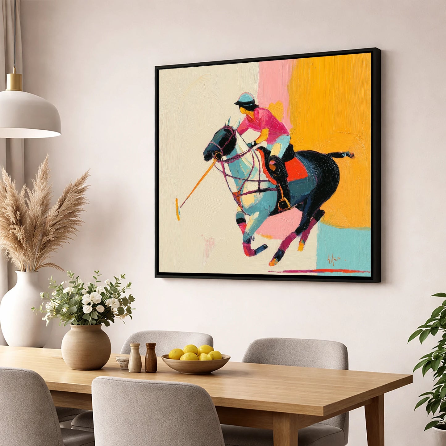 Vibrant Polo Strike polo horse wall art displayed in a dining room