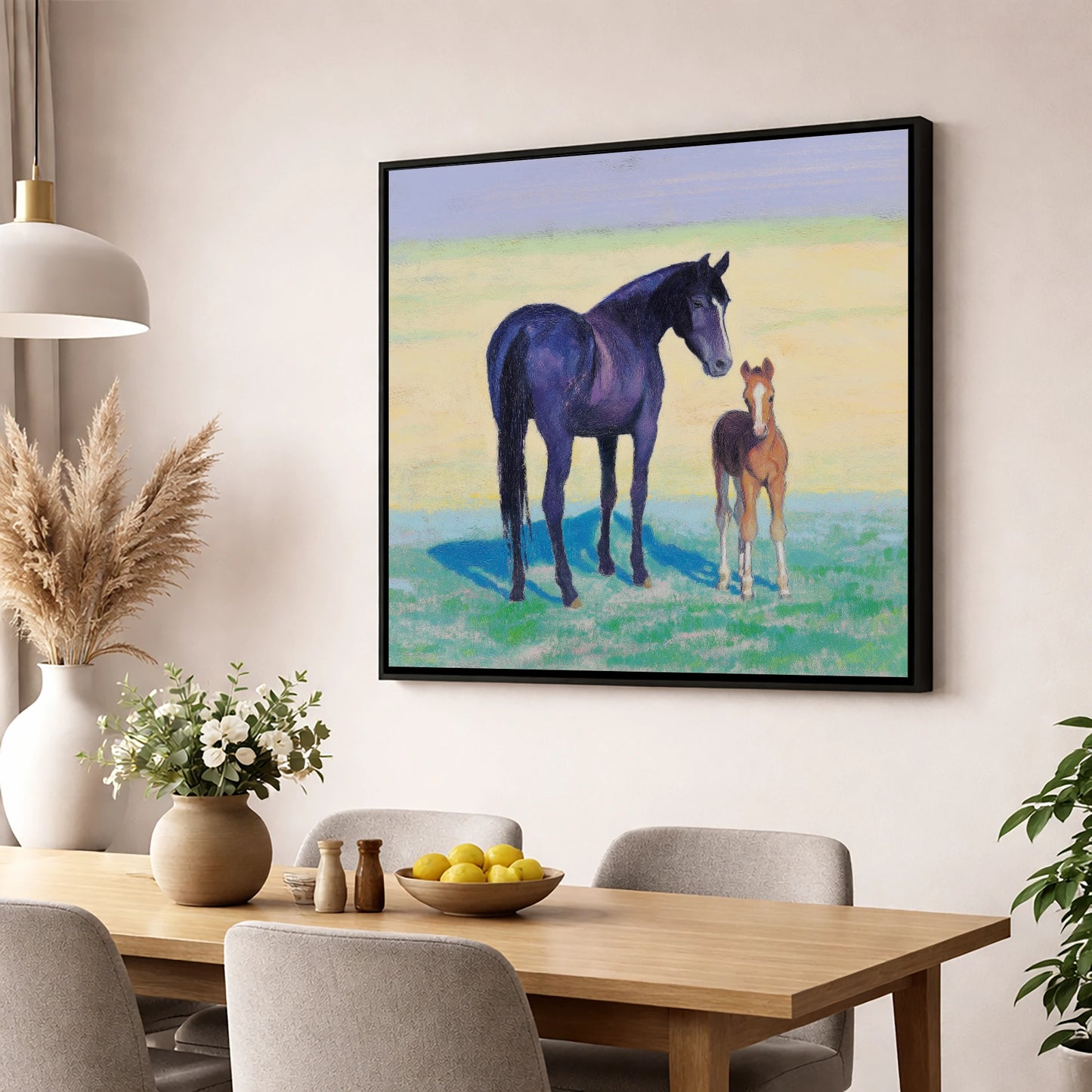 The Gentle Watch mare & foal wall art displayed in a dining room