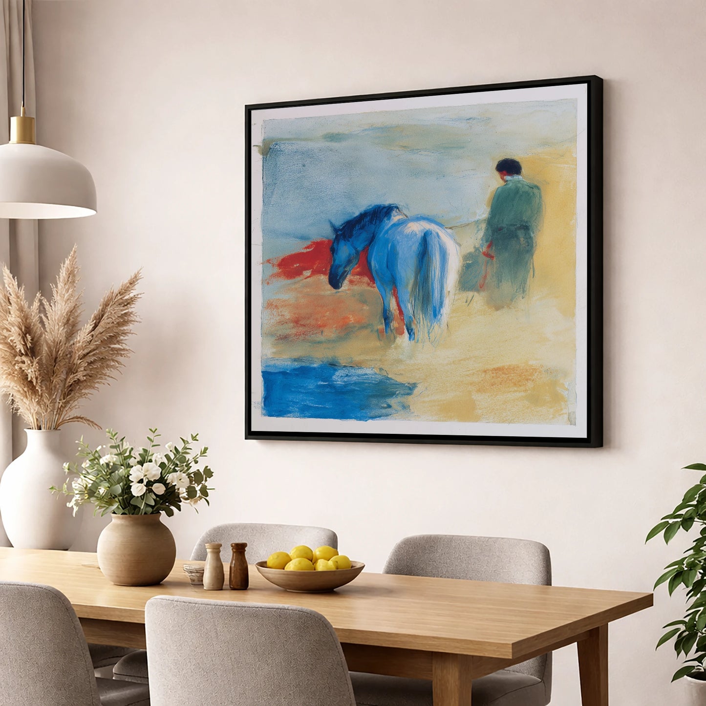 The Cobalt Companion horse & rider wall art displayed in a dining room