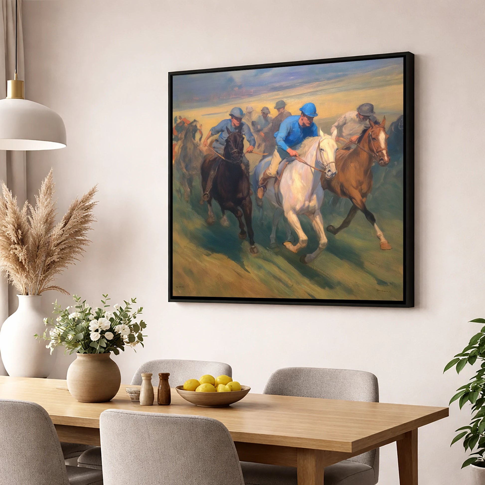 The Blue Silks racing horse wall art displayed in a dining room