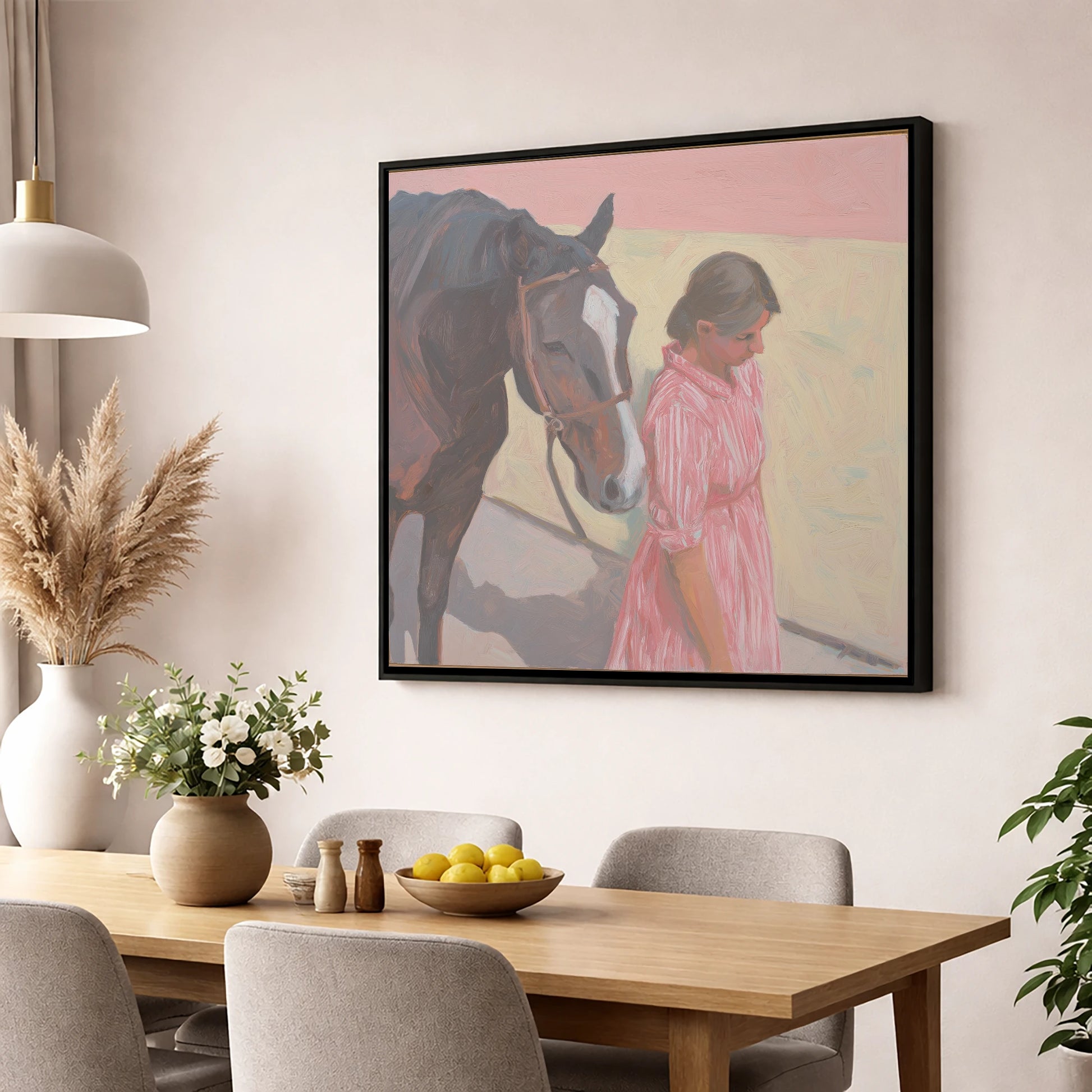 Walking in Step horse & rider wall art displayed in a dining room