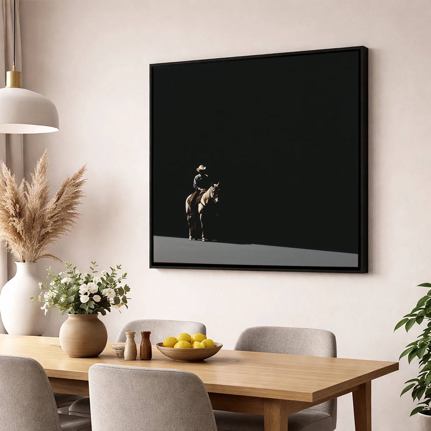 Solitary Western Rider western horse wall art displayed in a dining room