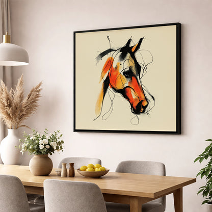 Vivid Amber Equine horse portrait wall art displayed in a dining room