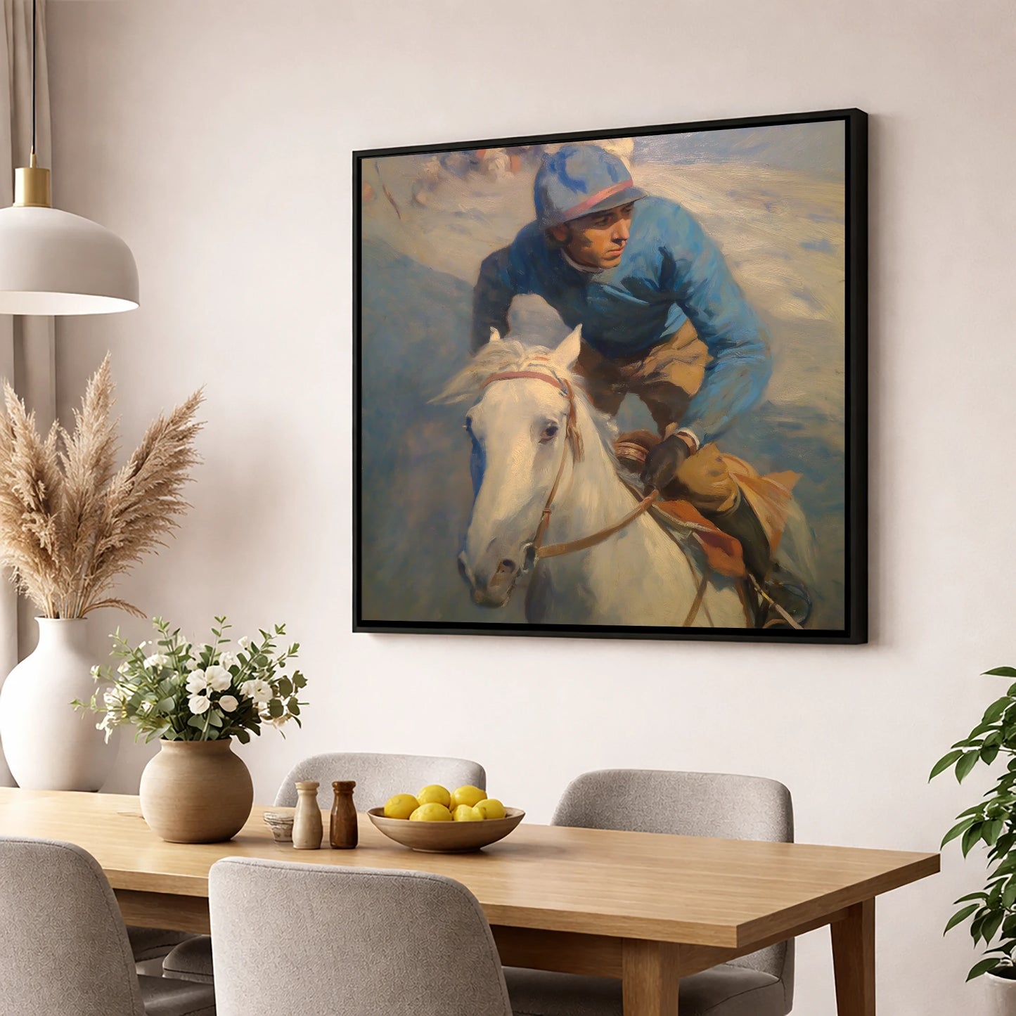 The Forward Glance racing horse wall art displayed in a dining room