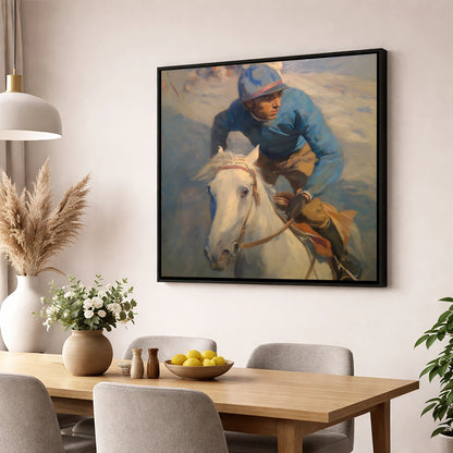 The Forward Glance racing horse wall art displayed in a dining room