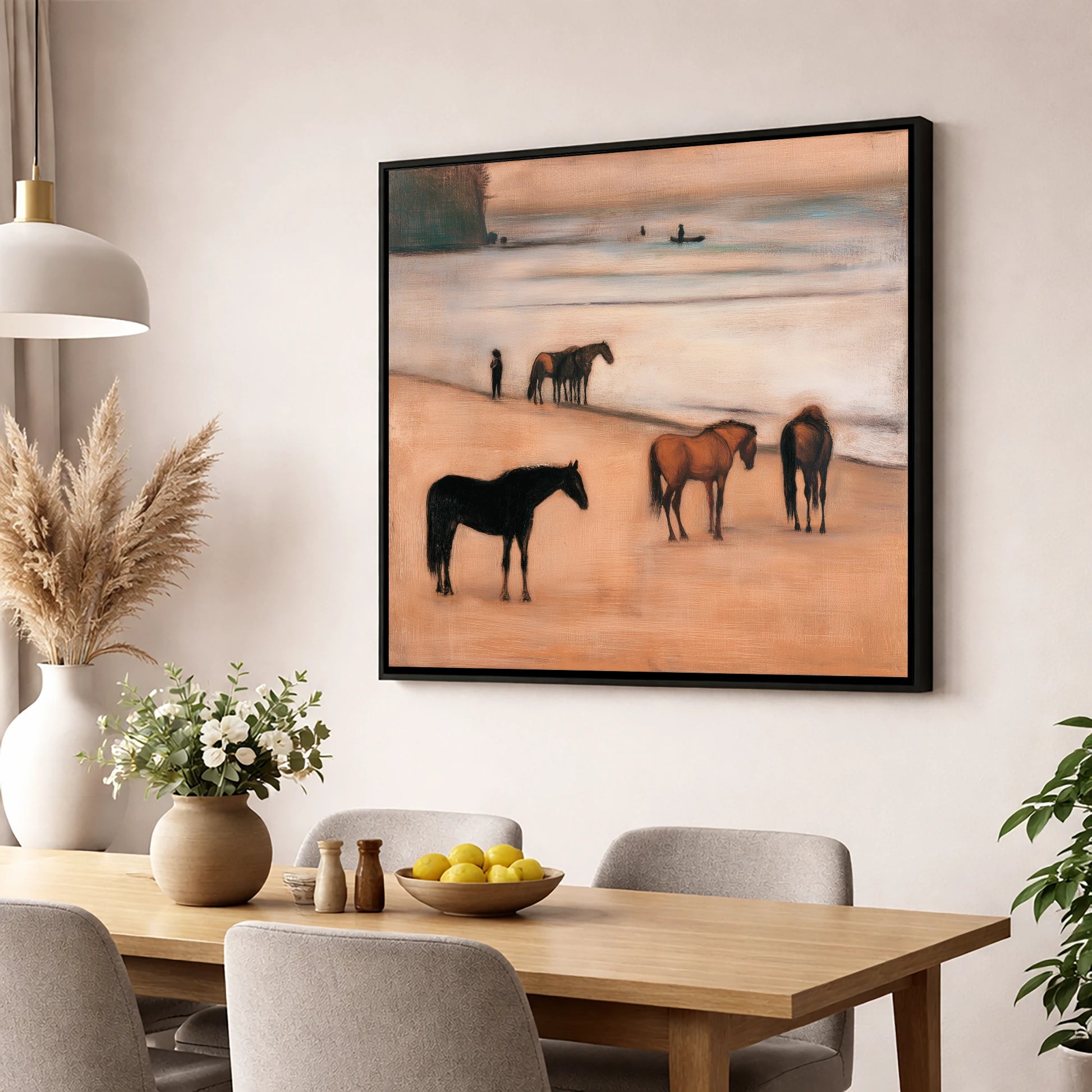 Serenity on the Sands horse landscape wall art displayed in a dining room