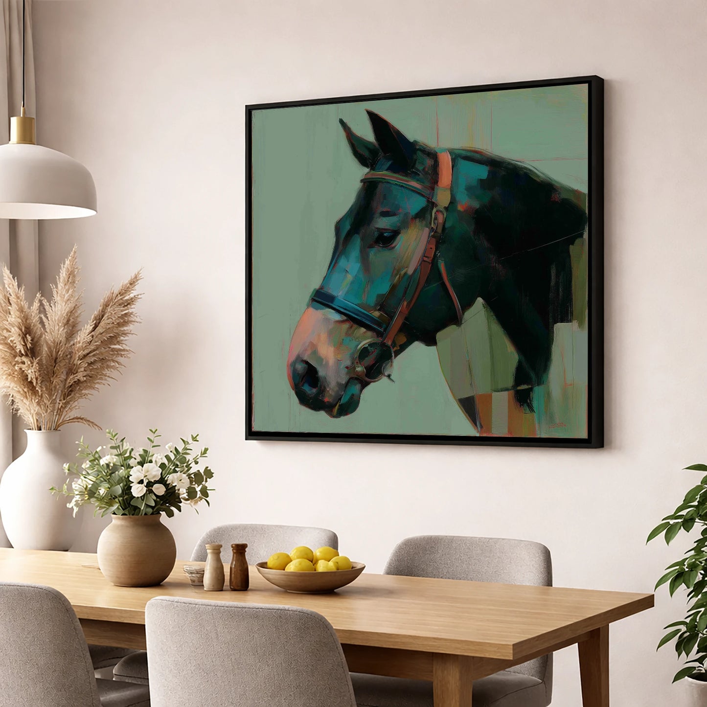 The Midnight Bridle horse portrait wall art displayed in a dining room