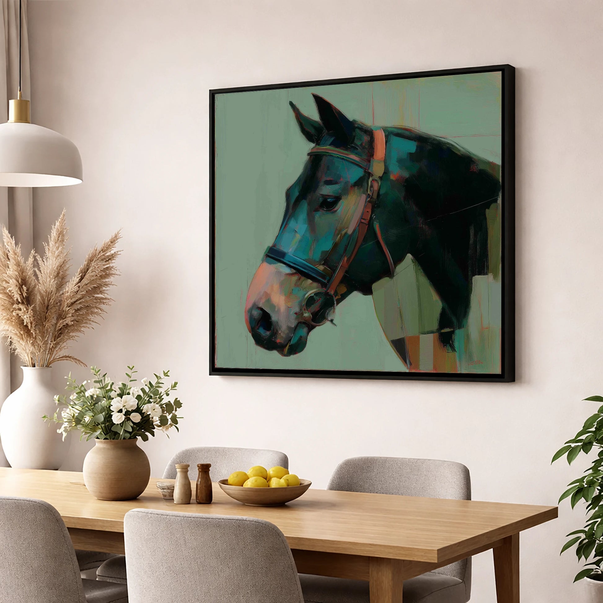 The Midnight Bridle horse portrait wall art displayed in a dining room