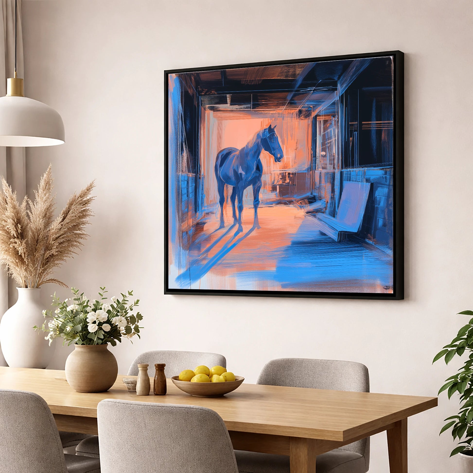 The Quiet Aisle horse stable wall art displayed in a dining room