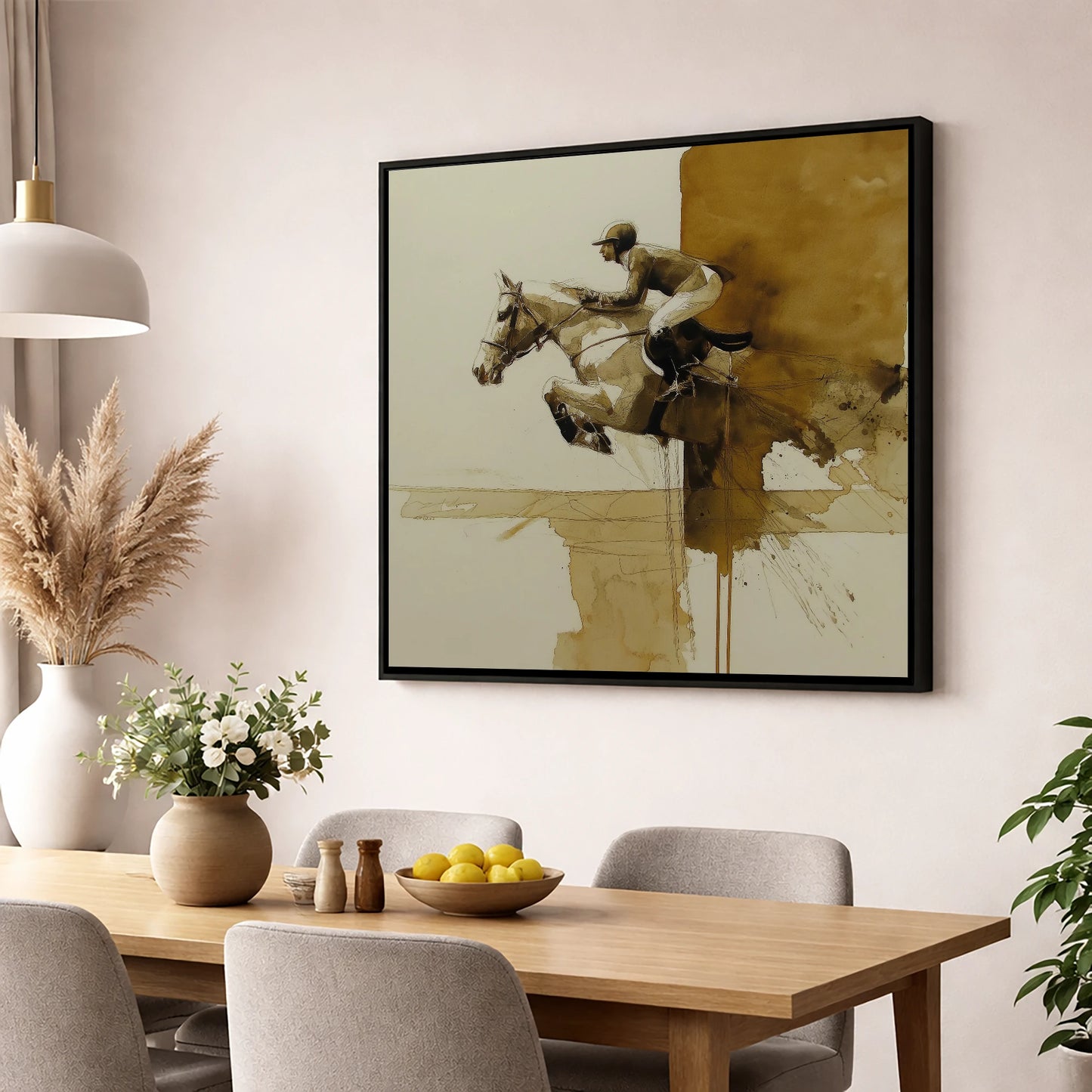 Airborne in Sepia show jumping horse wall art displayed in a dining room
