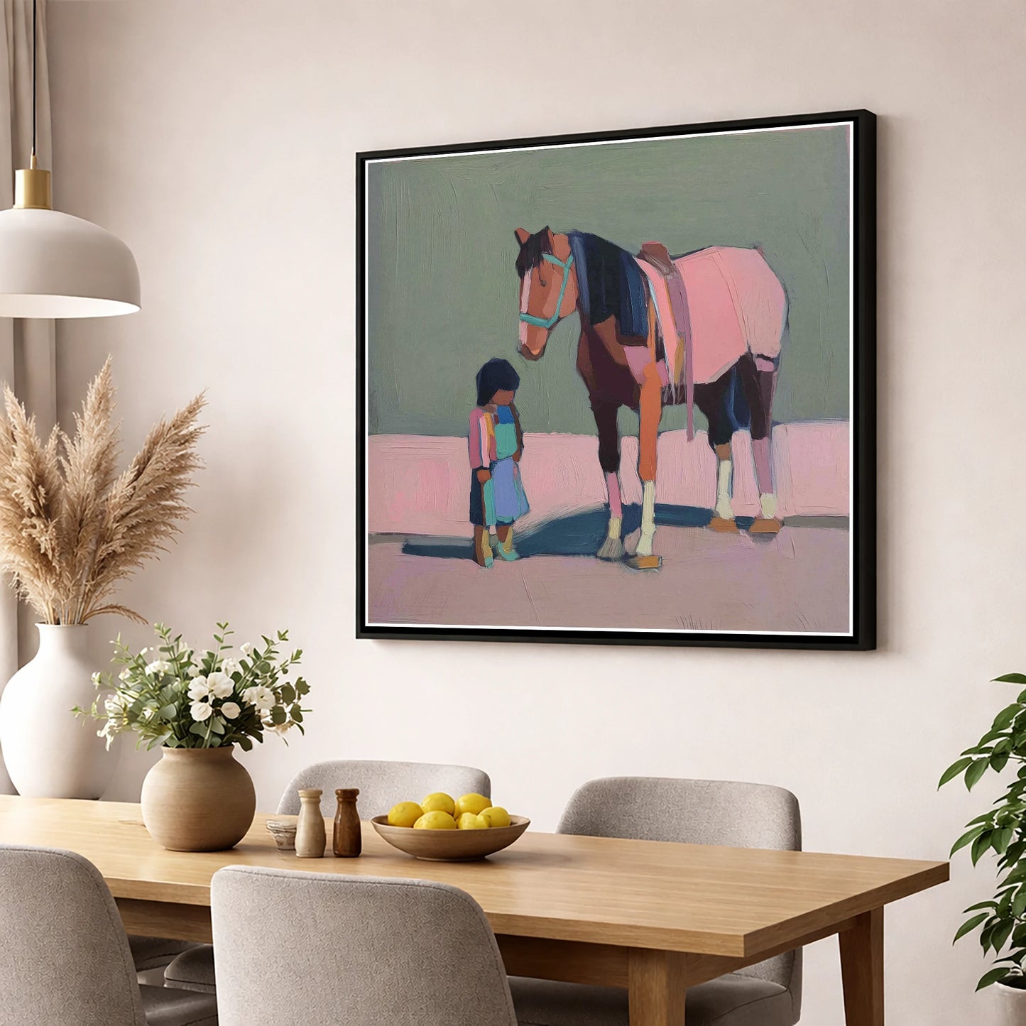 Quiet Connection horse & rider wall art displayed in a dining room