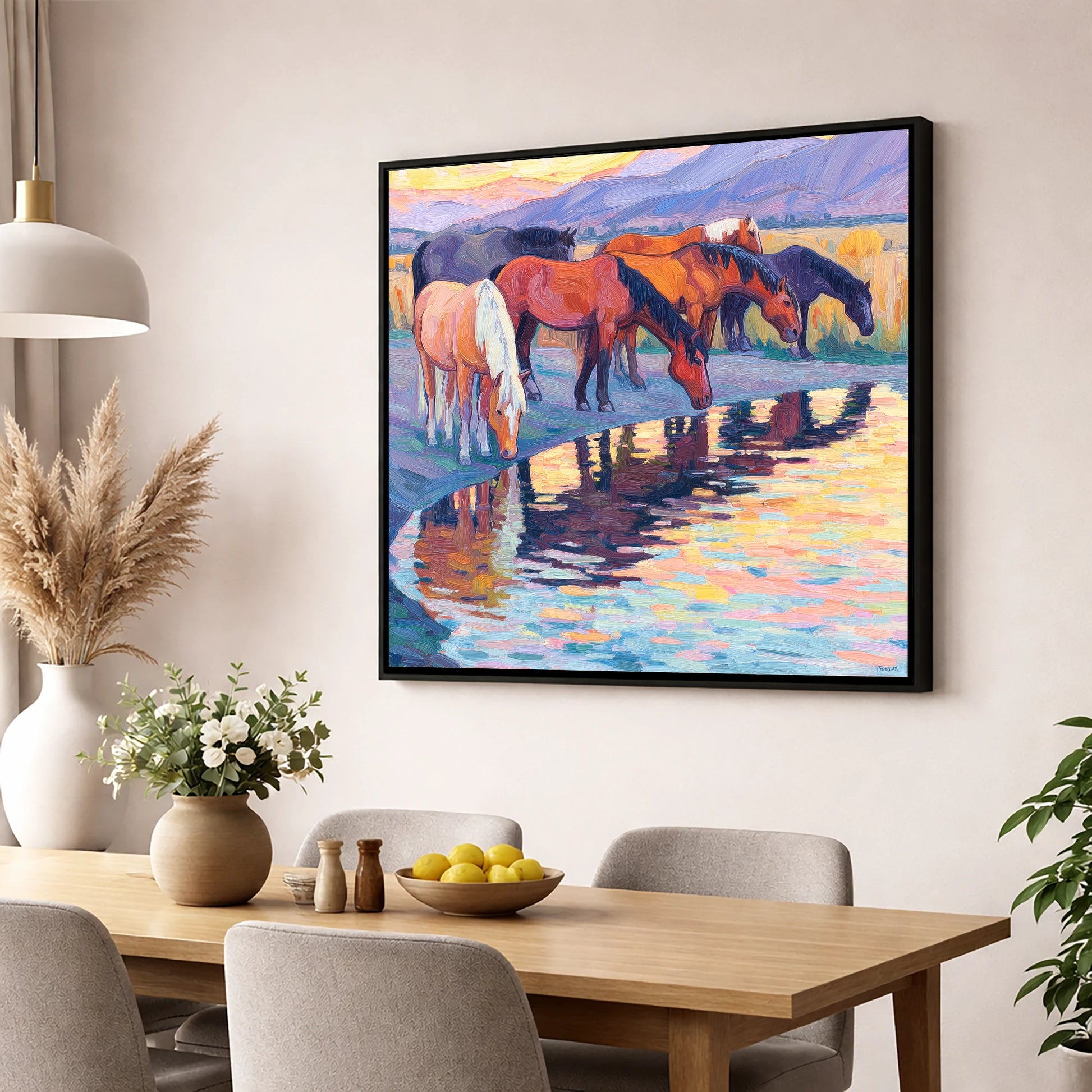 Reflections at Dusk wild horses wall art displayed in a dining room