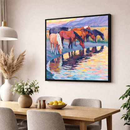 Reflections at Dusk wild horses wall art displayed in a dining room