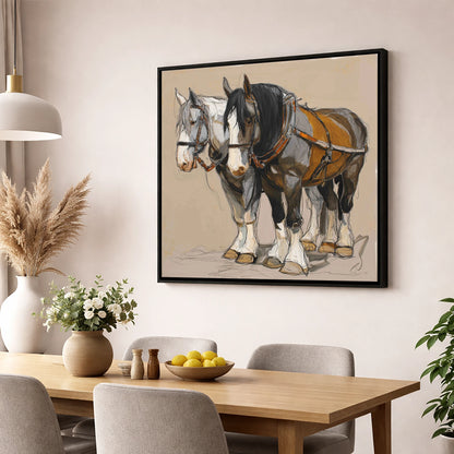 Gentle Giants in Harness horse breed wall art displayed in a dining room