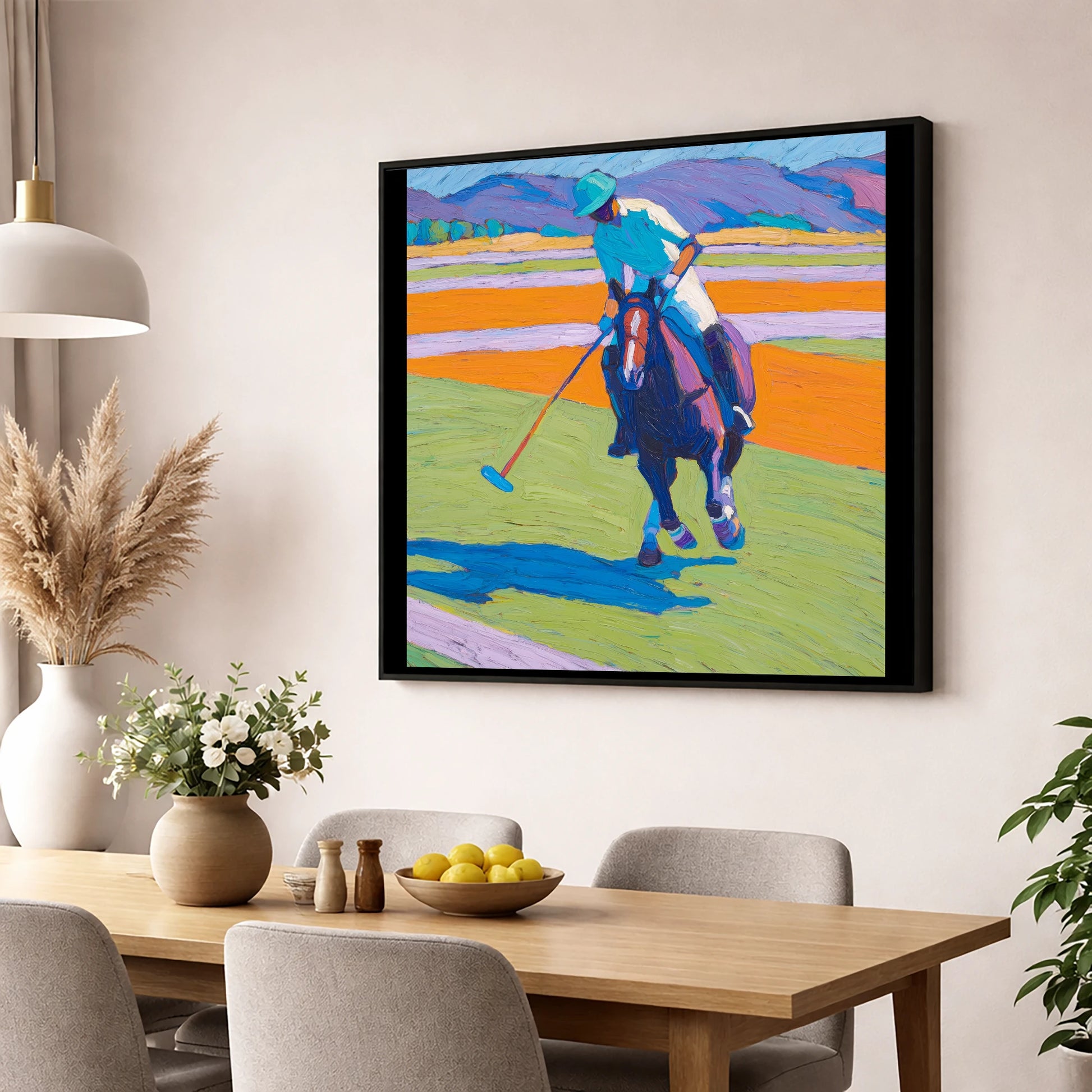 Vivid Chukka polo horse wall art displayed in a dining room