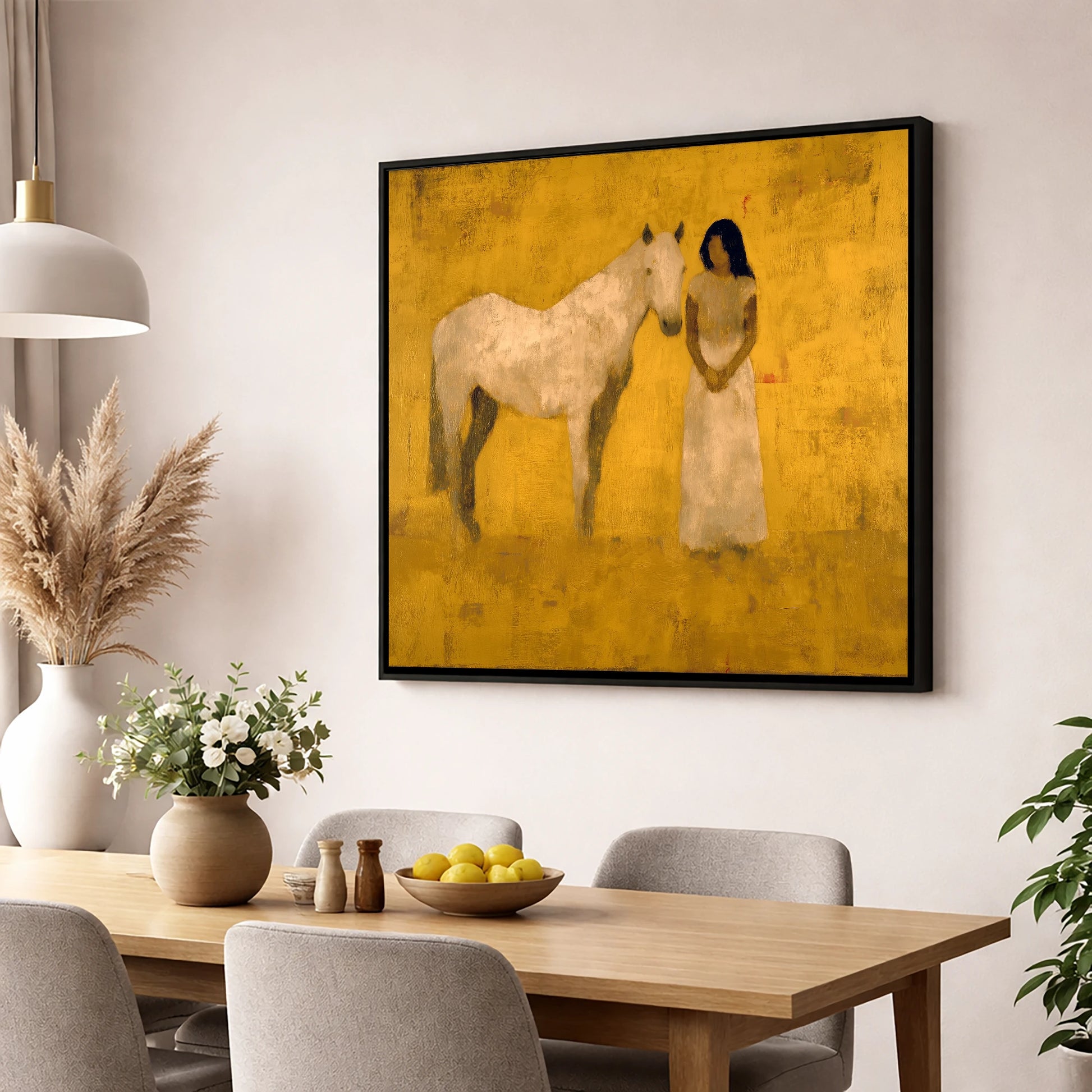 The Golden Bond horse & rider wall art displayed in a dining room