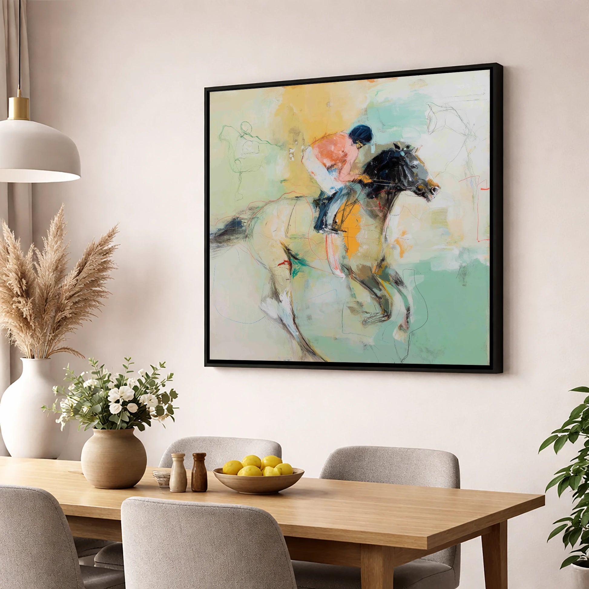 The Driving Finish racing horse wall art displayed in a dining room