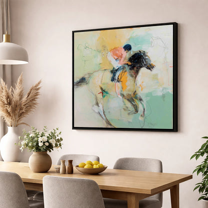 The Driving Finish racing horse wall art displayed in a dining room