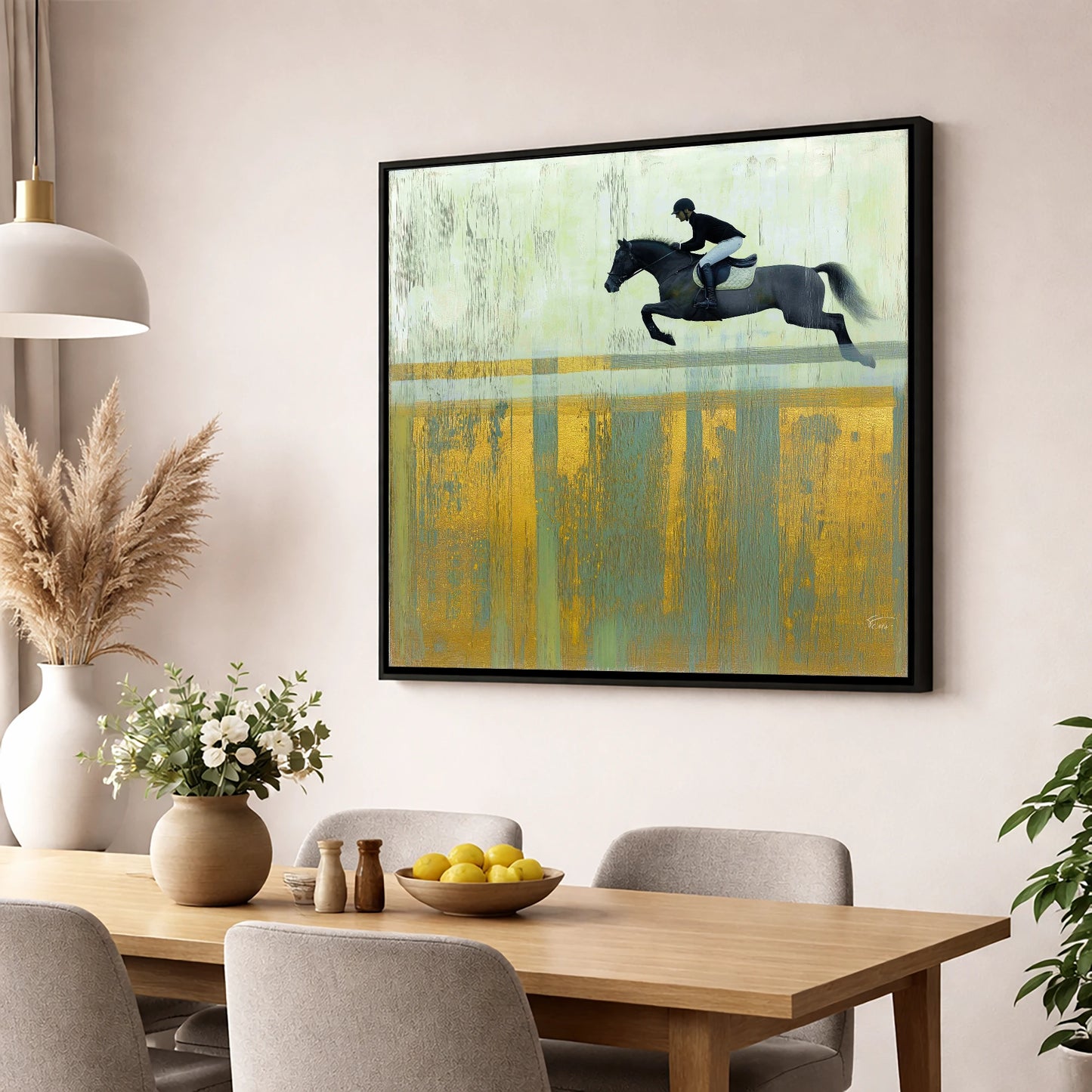 Flight Over Gold show jumping horse wall art displayed in a dining room