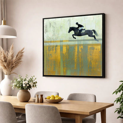 Flight Over Gold show jumping horse wall art displayed in a dining room