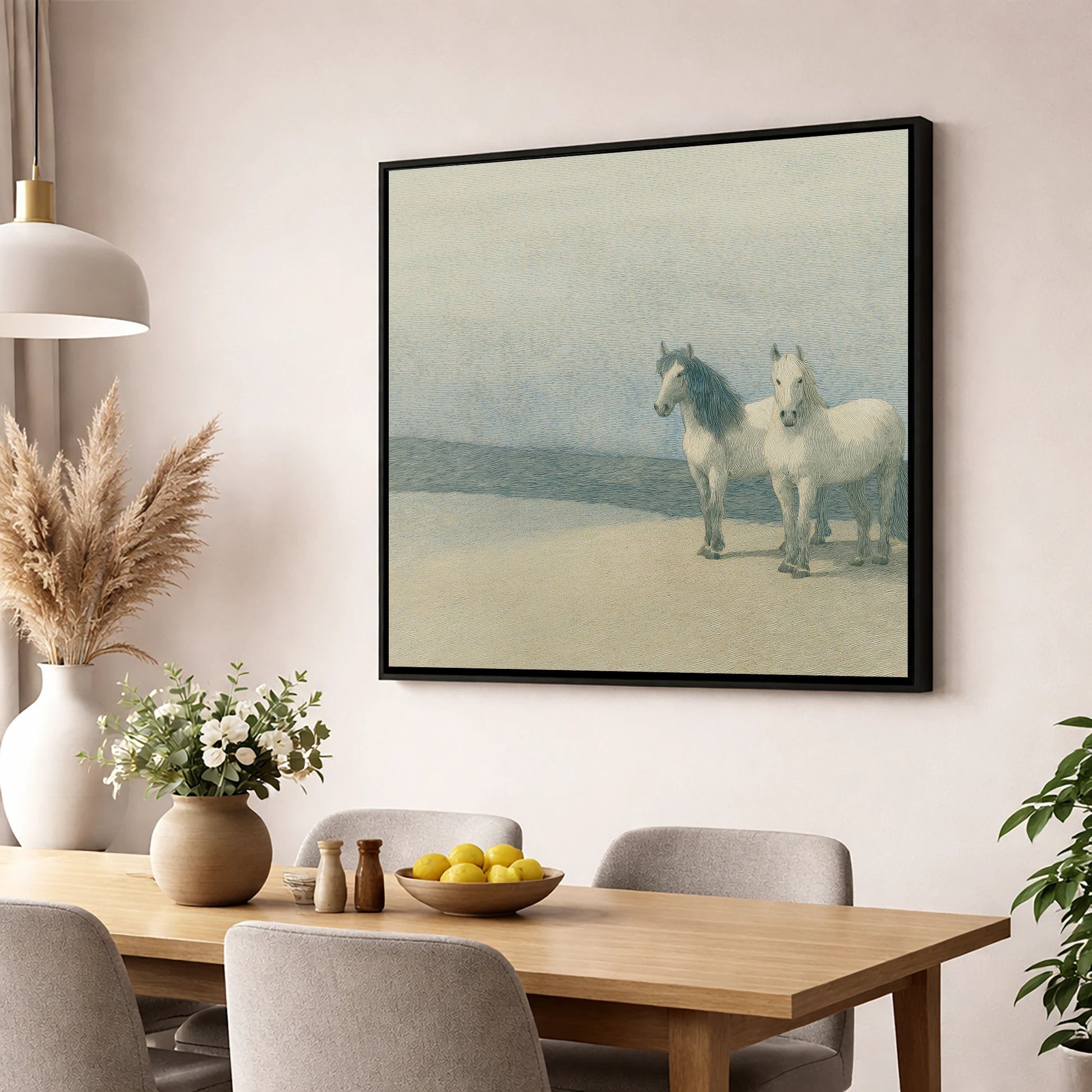 Slate Blue Companions horse landscape wall art displayed in a dining room