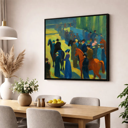 Paddock Gathering racing horse wall art displayed in a dining room