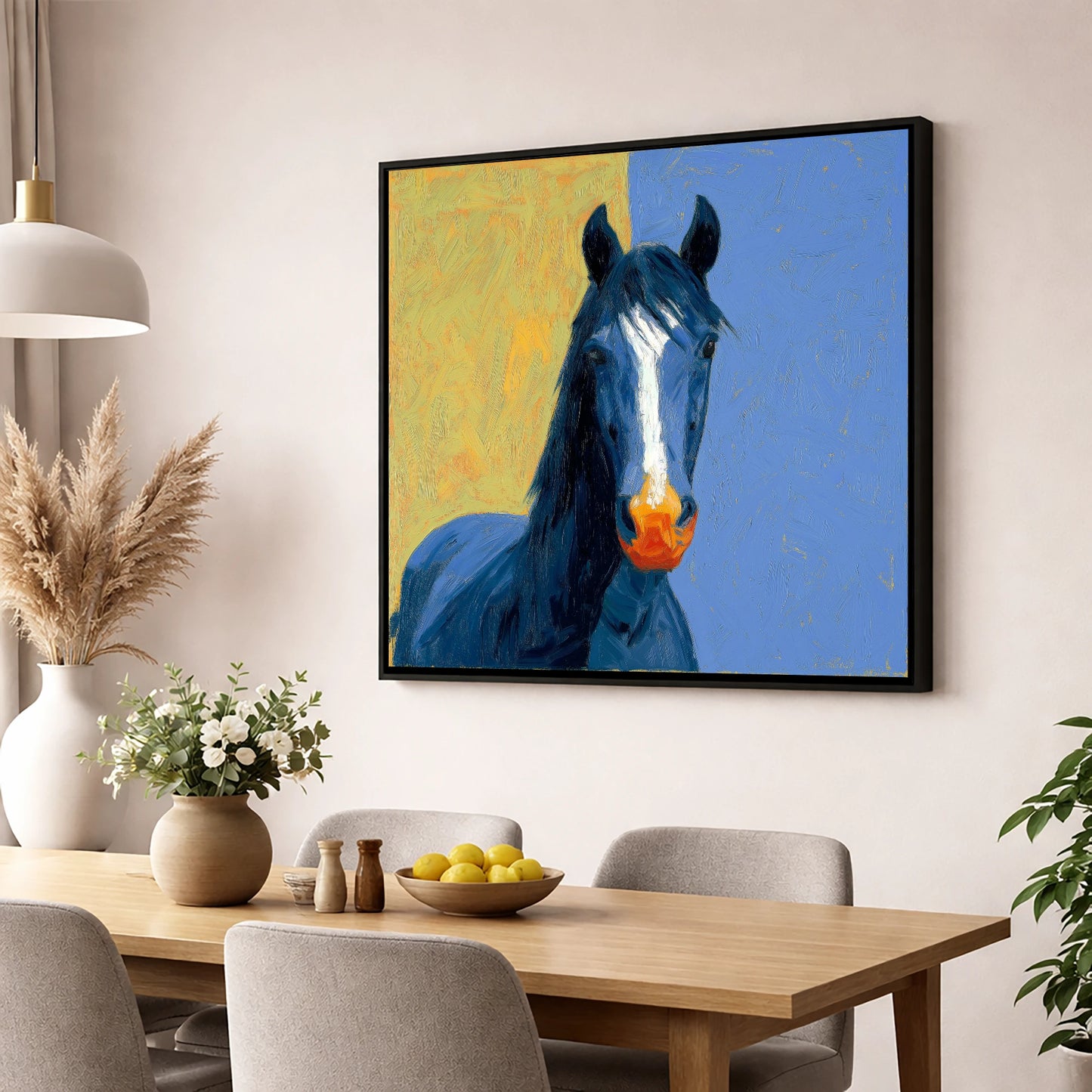 The Azure Blaze horse breed wall art displayed in a dining room