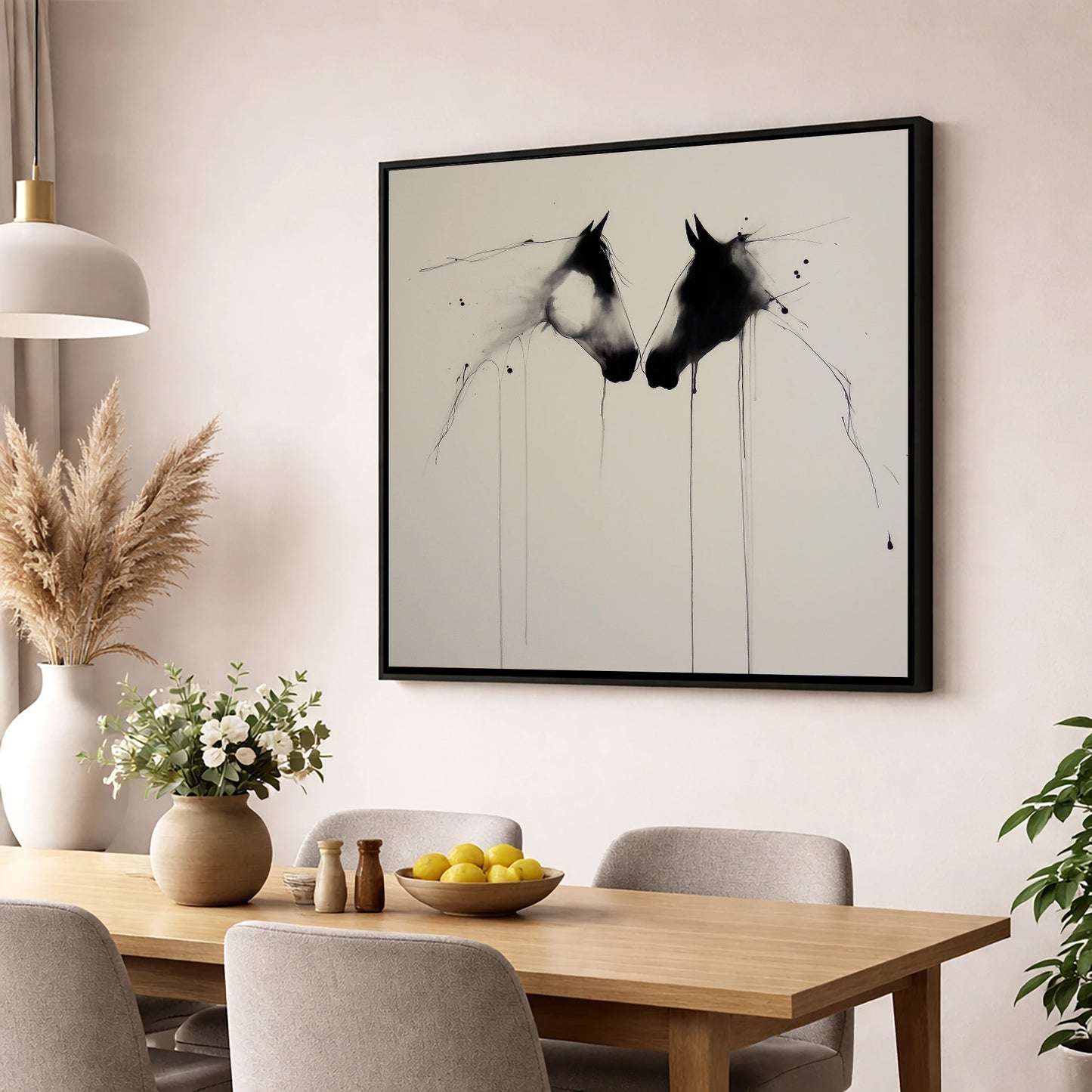 Ethereal Bond horse portrait wall art displayed in a dining room
