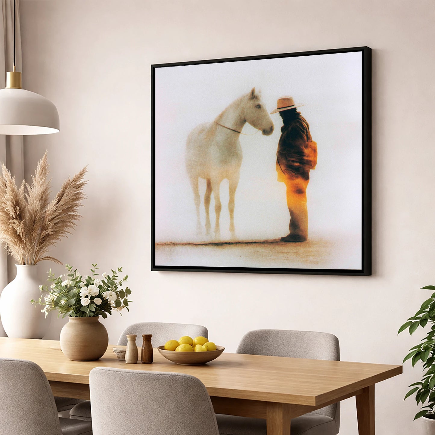 The Quiet Accord western horse wall art displayed in a dining room