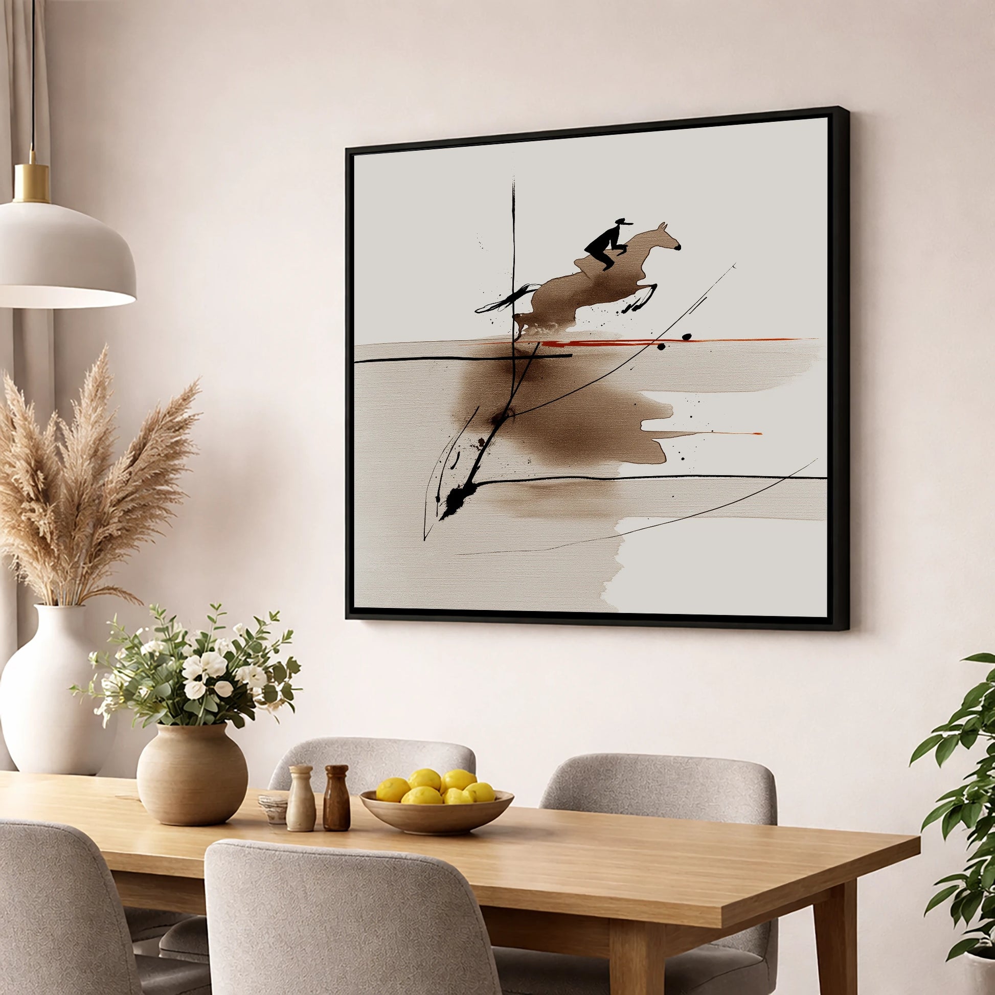 Sepia Suspension show jumping horse wall art displayed in a dining room