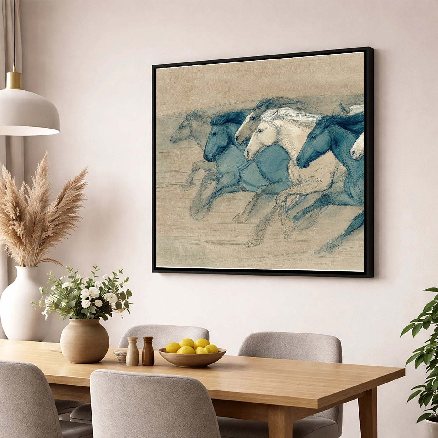 Rhythm of the Herd wild horses wall art displayed in a dining room
