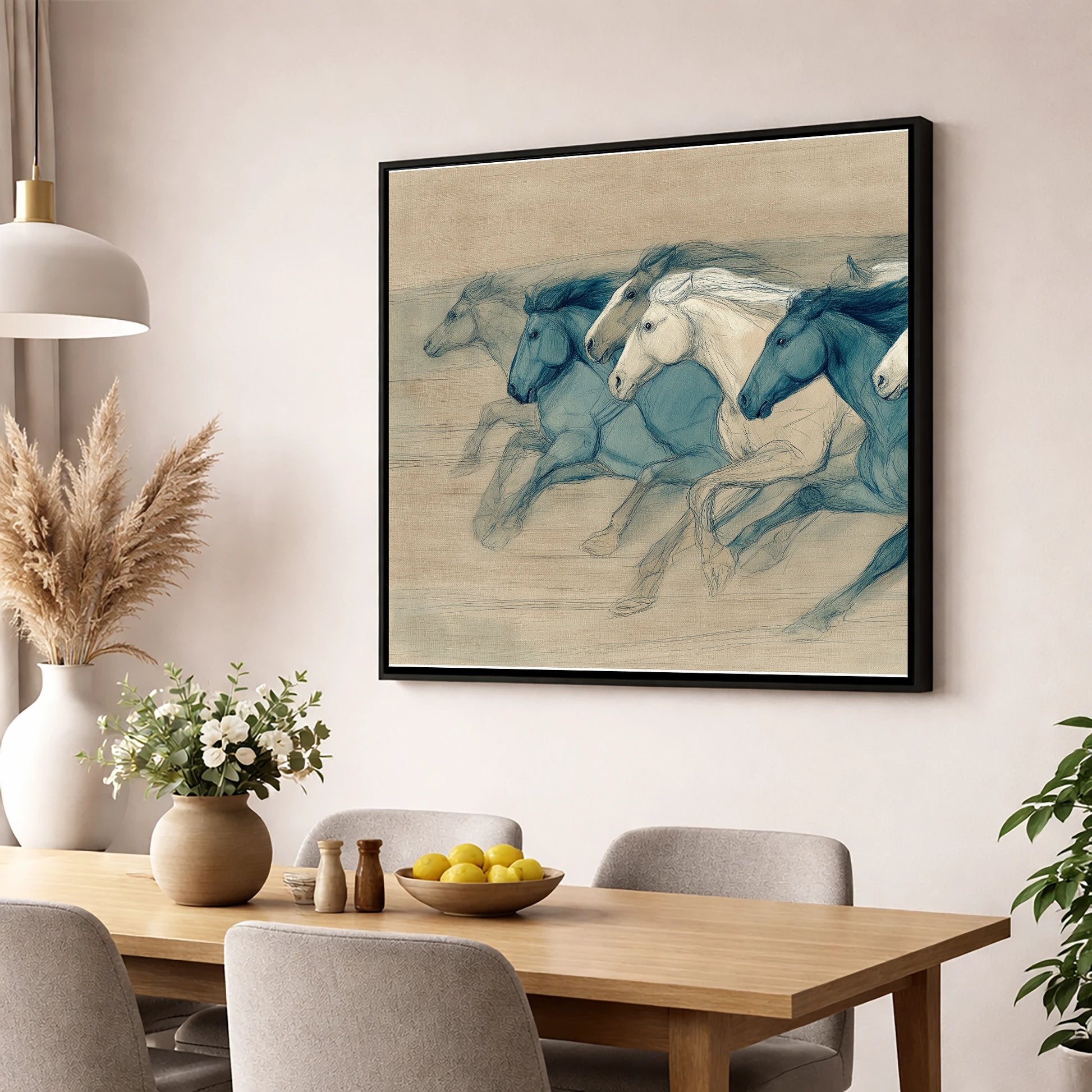 Rhythm of the Herd wild horses wall art displayed in a dining room