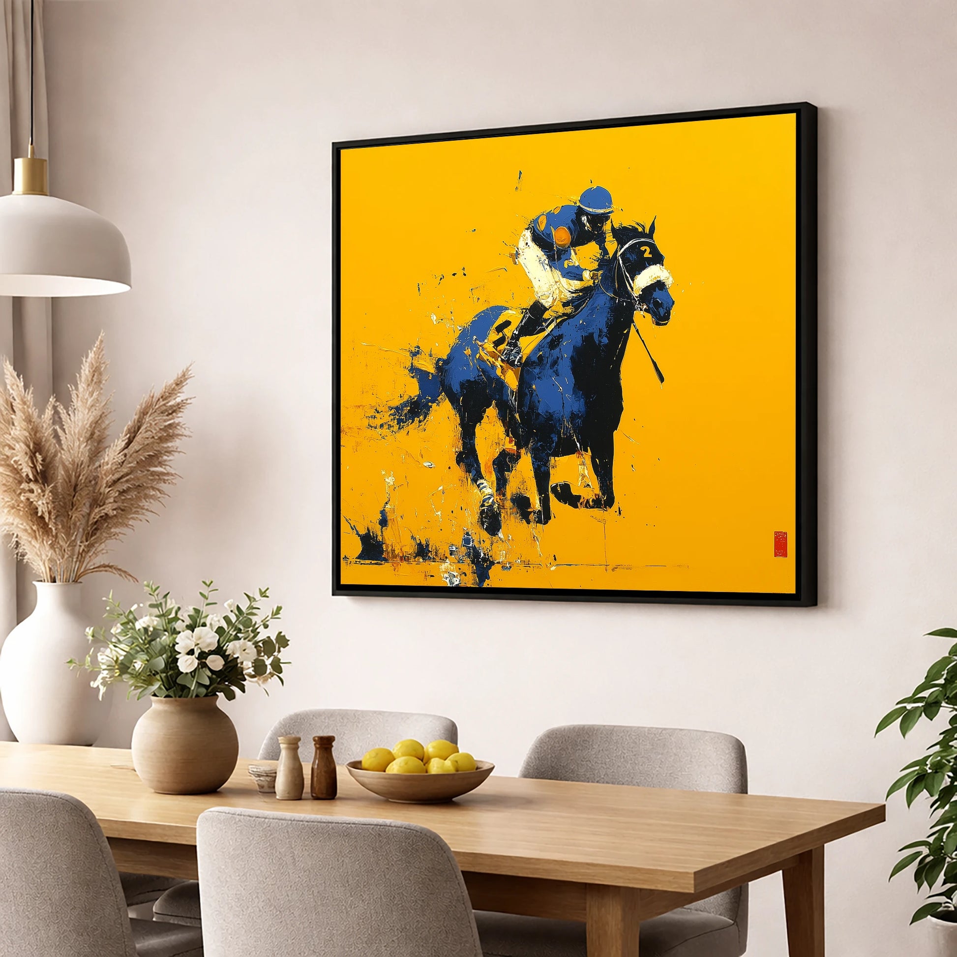Cobalt Gallop racing horse wall art displayed in a dining room