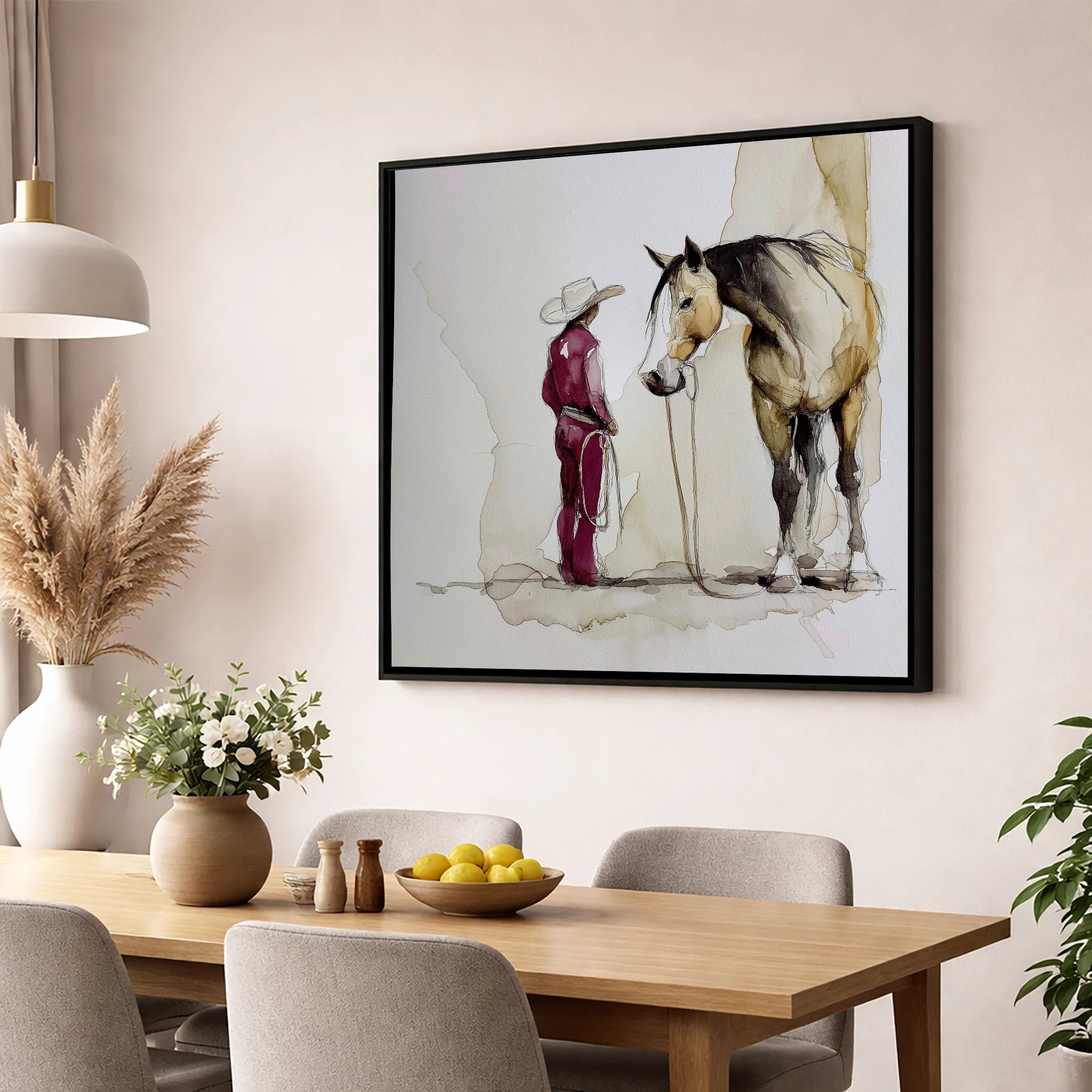 A Quiet Understanding western horse wall art displayed in a dining room