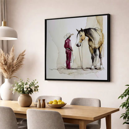 A Quiet Understanding western horse wall art displayed in a dining room