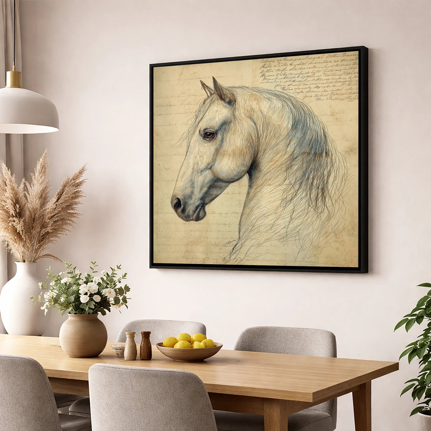 Classical Equine Study horse portrait wall art displayed in a dining room