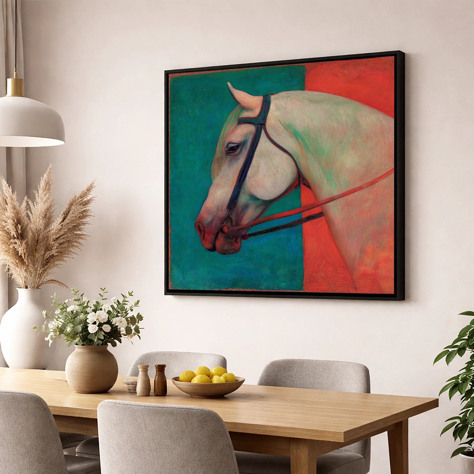 Crimson and Emerald Profile horse breed wall art displayed in a dining room