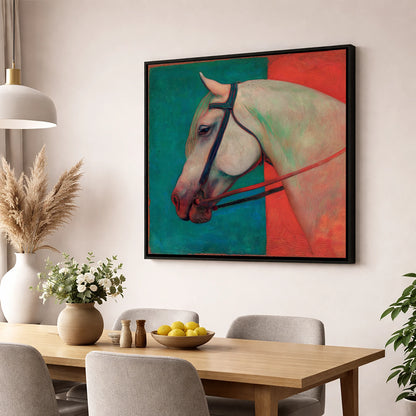 Crimson and Emerald Profile horse breed wall art displayed in a dining room
