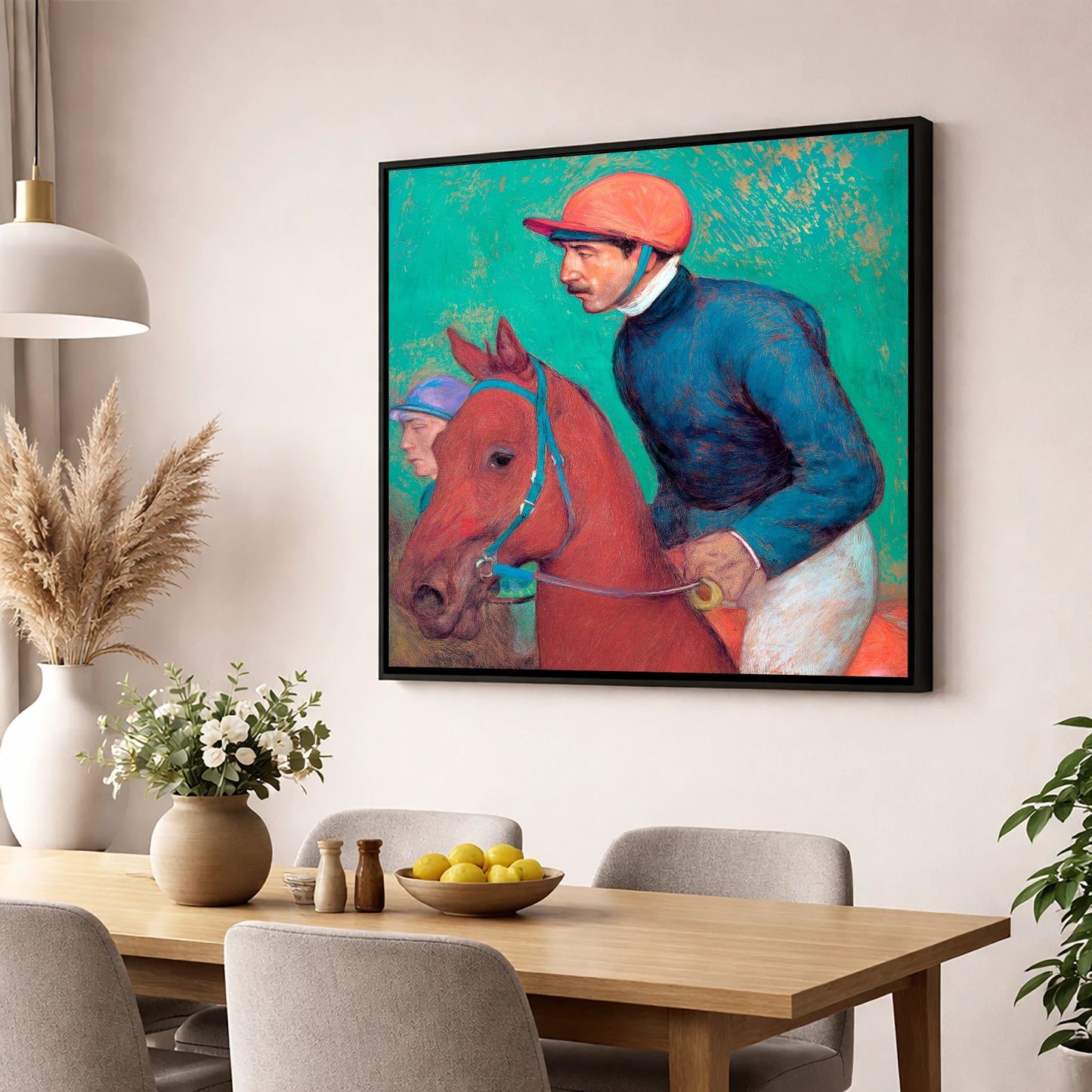 Turf Anticipation racing horse wall art displayed in a dining room