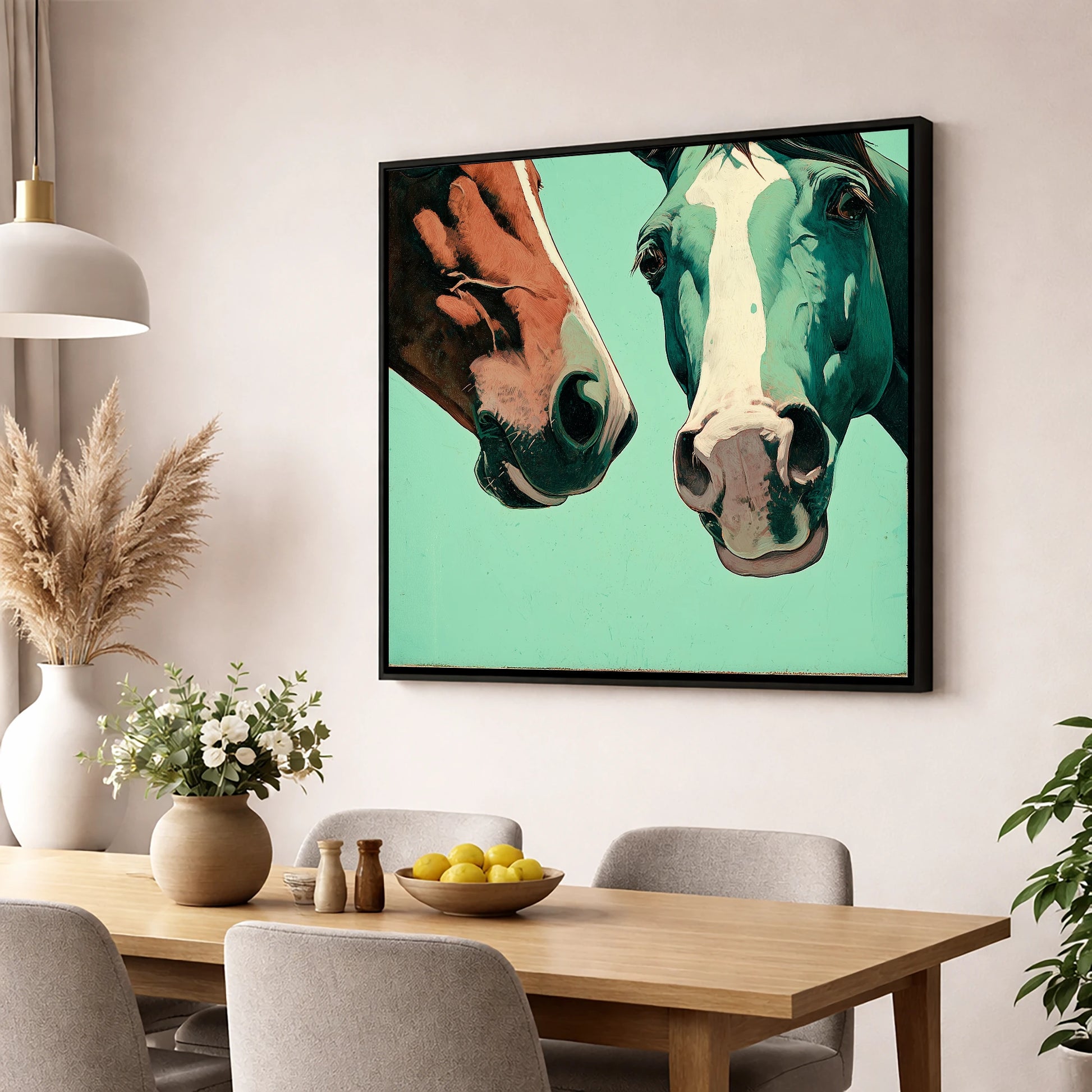 Inquisitive Companions horse portrait wall art displayed in a dining room