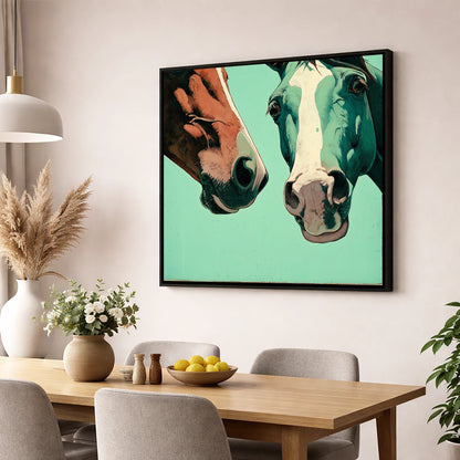 Inquisitive Companions horse portrait wall art displayed in a dining room