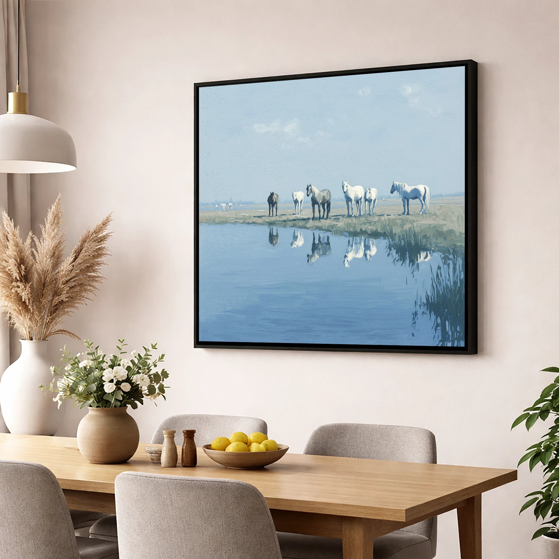 Reflections in Blue wild horses wall art displayed in a dining room