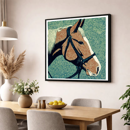 Bold Chestnut Profile horse portrait wall art displayed in a dining room
