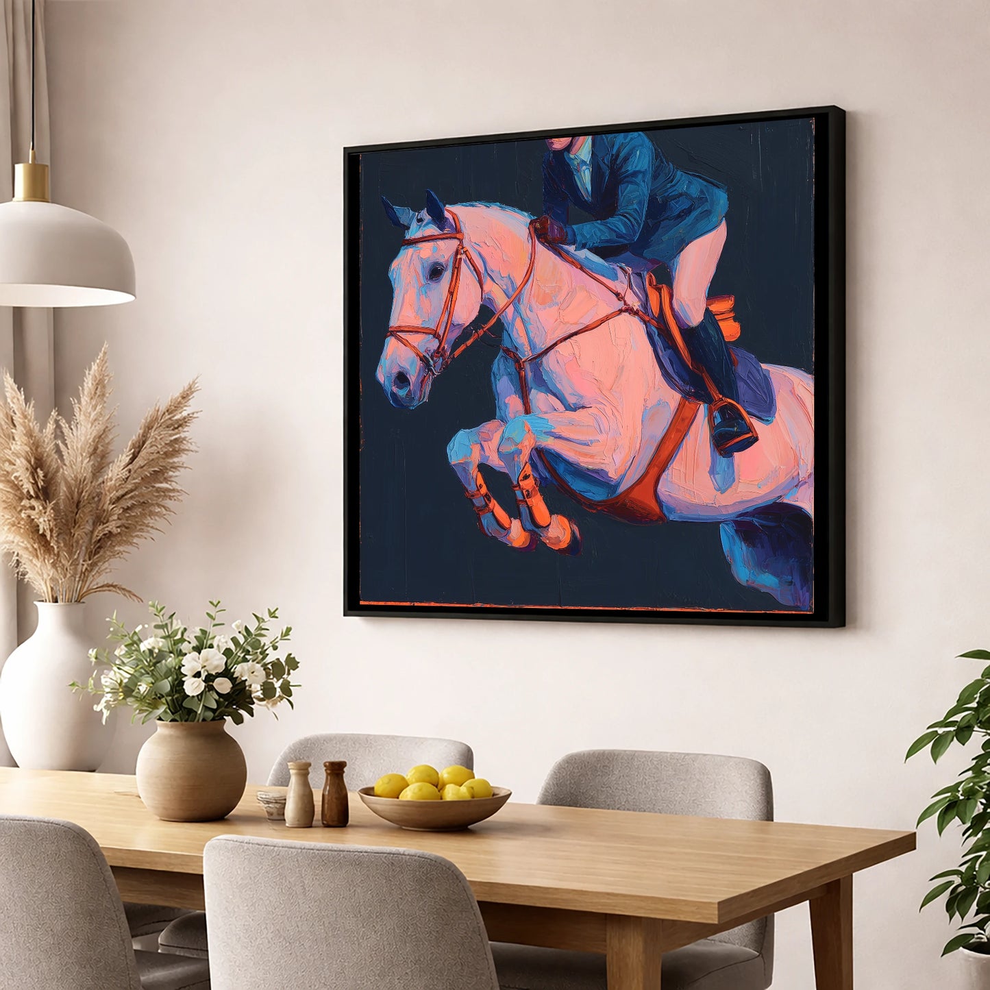 Vibrant Indigo Flight show jumping horse wall art displayed in a dining room