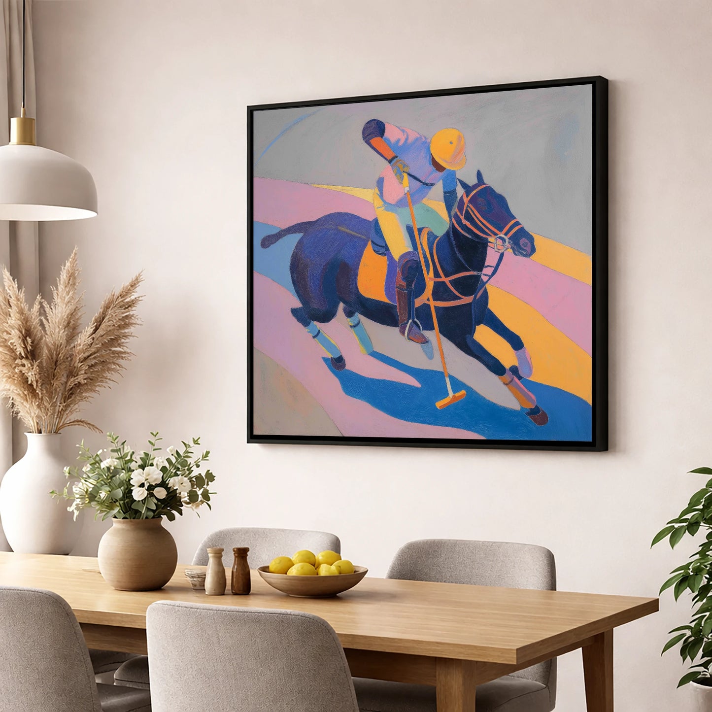 Vibrant Polo Charge polo horse wall art displayed in a dining room
