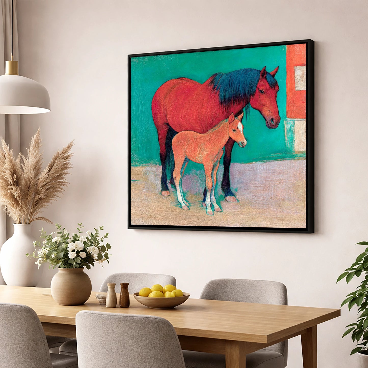 Crimson Mare and Foal mare & foal wall art displayed in a dining room