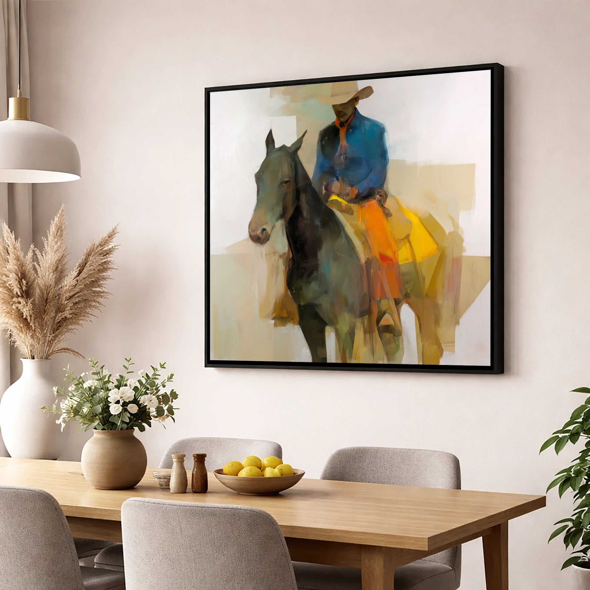 Painted Desert Rider western horse wall art displayed in a dining room