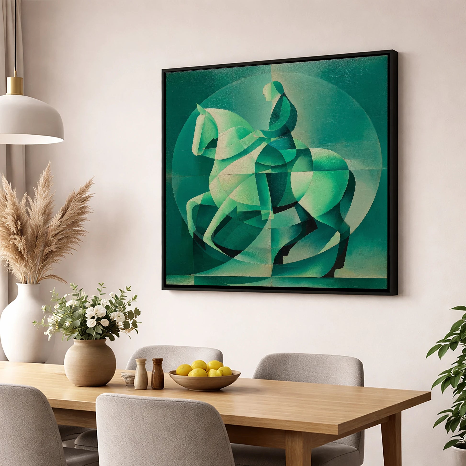 Emerald Cadence dressage horse wall art displayed in a dining room
