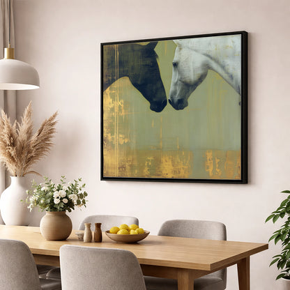 Quiet Connection horse portrait wall art displayed in a dining room