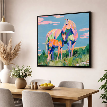 Vibrant Maternal Bond mare & foal wall art displayed in a dining room